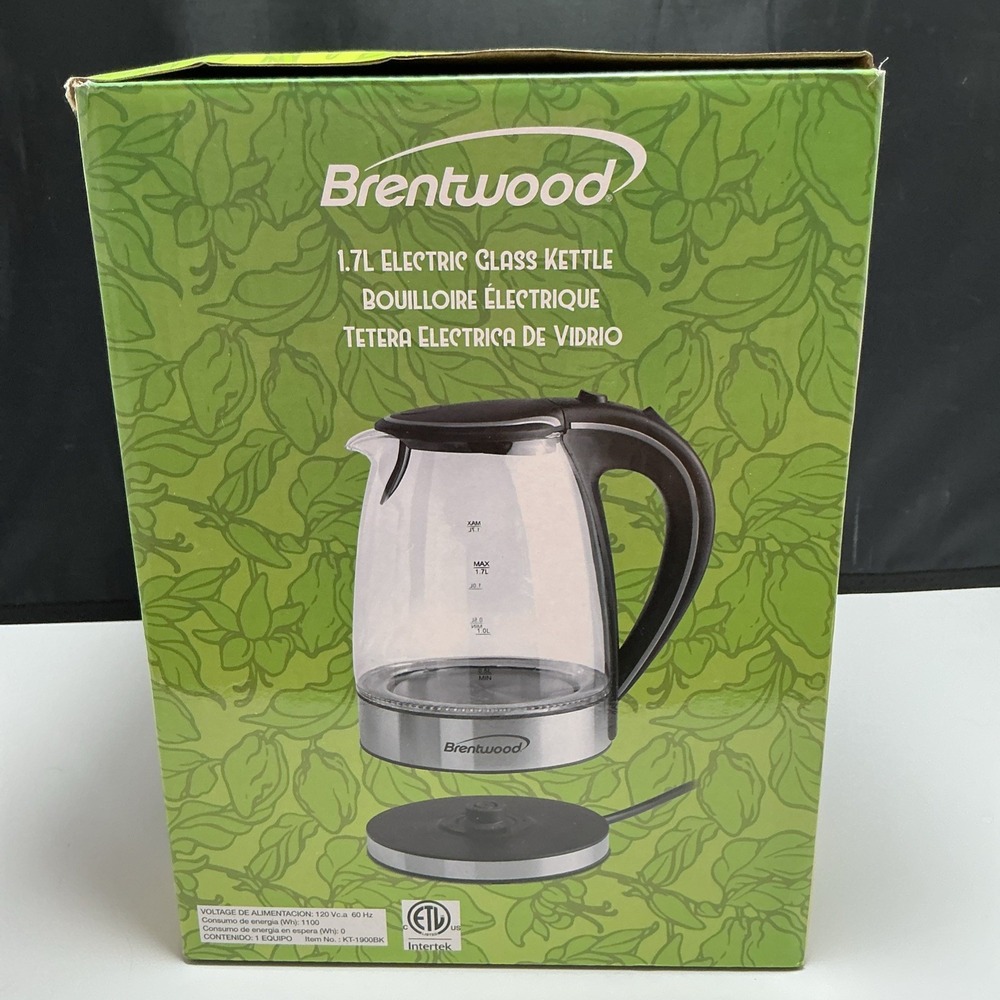 Brentwood 1.7L Cordless Electric Glass Kettle Hot Water Boiler Blue LED Black - Picture 2 of 12